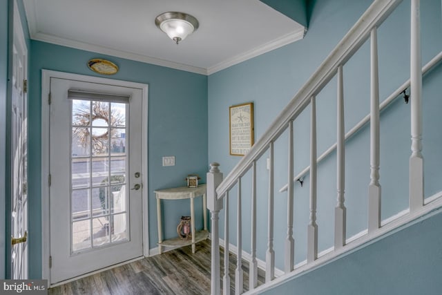 foyer entrance with wood-type flooring and crown molding