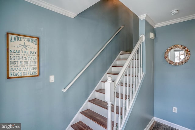 stairs featuring crown molding and hardwood / wood-style flooring