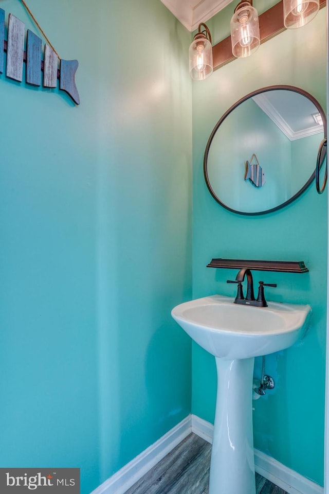 bathroom with hardwood / wood-style floors and crown molding