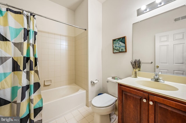 full bathroom with tile patterned flooring, vanity, toilet, and shower / tub combo with curtain