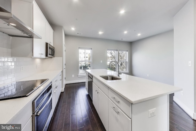 kitchen featuring appliances with stainless steel finishes, tasteful backsplash, wall chimney exhaust hood, a kitchen island with sink, and sink