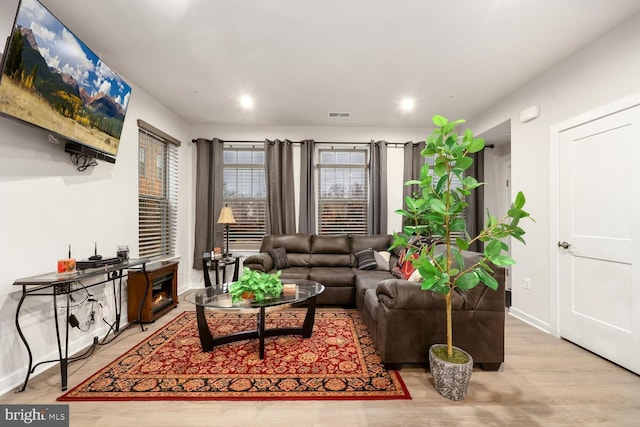 living room with a fireplace and light wood-type flooring