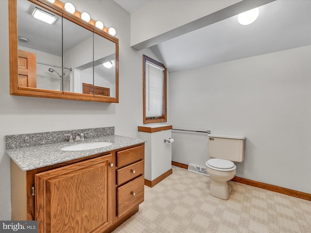 bathroom with toilet, vanity, and vaulted ceiling