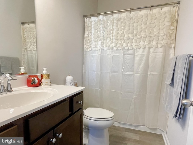 bathroom featuring vanity, hardwood / wood-style flooring, and toilet