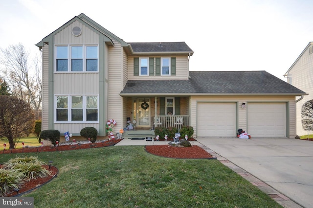 view of front of home featuring a front yard, a porch, and a garage