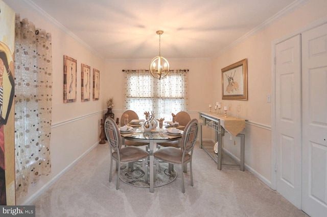 carpeted dining area featuring a chandelier and crown molding