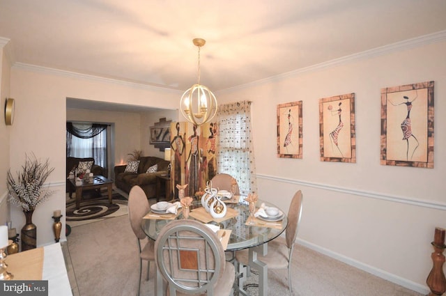 carpeted dining room featuring crown molding and an inviting chandelier