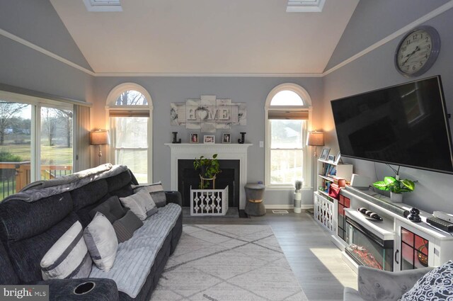 living room with a healthy amount of sunlight, lofted ceiling, and light hardwood / wood-style floors