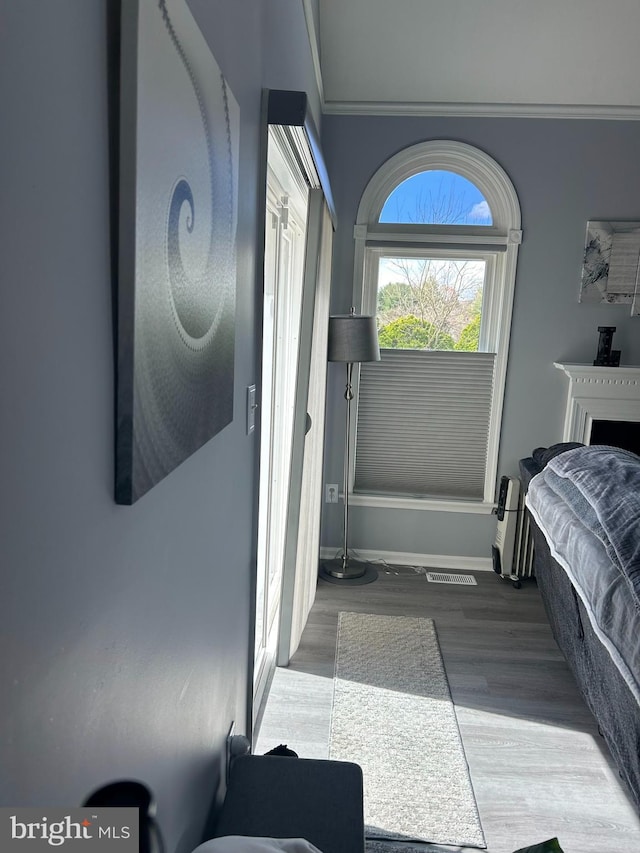 bedroom featuring hardwood / wood-style floors and ornamental molding