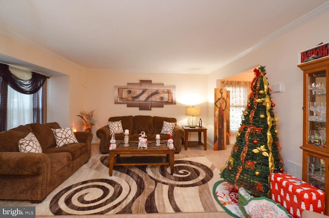 carpeted living room featuring crown molding