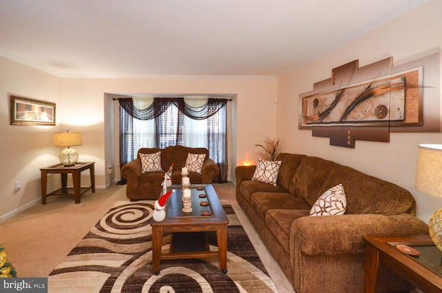 carpeted living room featuring crown molding