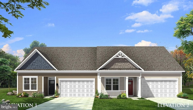 view of front of home featuring a front yard, a porch, and a garage