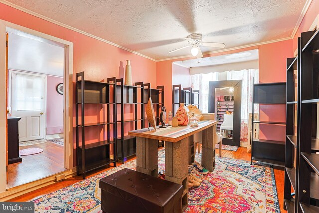 office space with ceiling fan, light hardwood / wood-style flooring, a textured ceiling, and ornamental molding