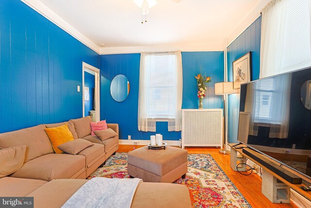 living room with light hardwood / wood-style floors and ceiling fan