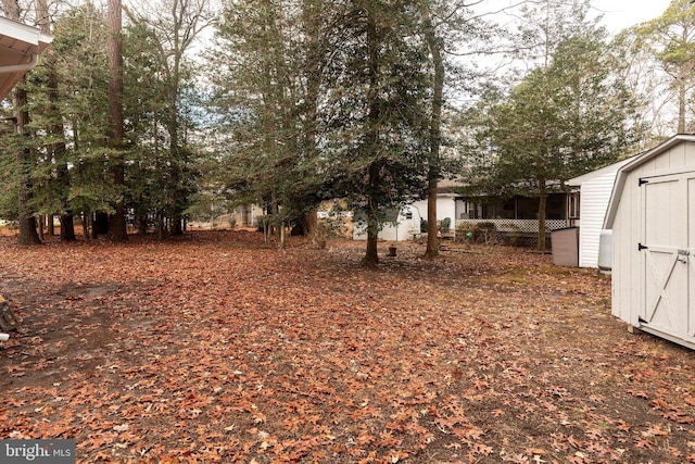 view of yard featuring a storage shed