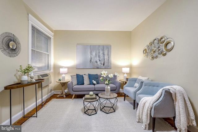 living room with hardwood / wood-style flooring and cooling unit