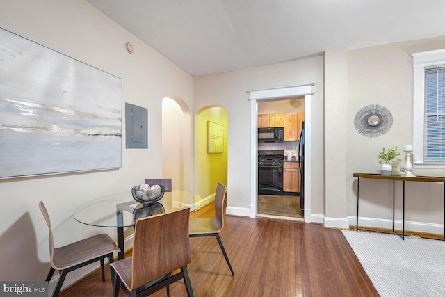 dining space featuring electric panel and dark hardwood / wood-style flooring