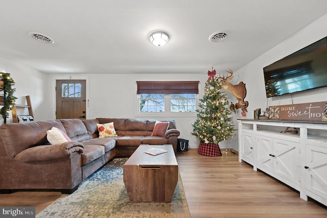 living room featuring plenty of natural light and light hardwood / wood-style flooring