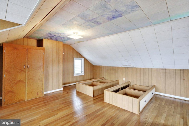 additional living space featuring wood walls, light hardwood / wood-style floors, and lofted ceiling