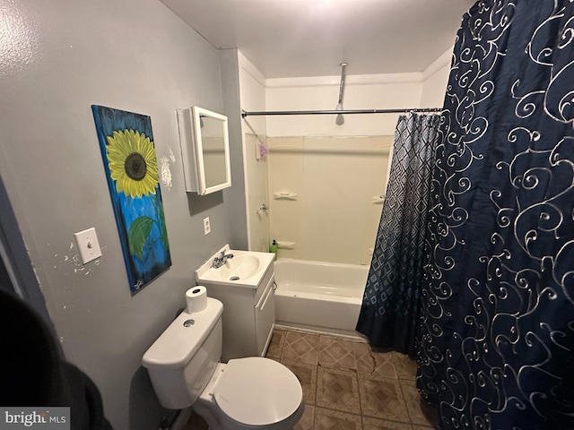 full bathroom featuring toilet, vanity, and shower / bath combo with shower curtain