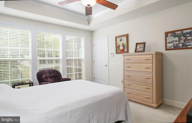 carpeted bedroom featuring ceiling fan, ornamental molding, and a raised ceiling