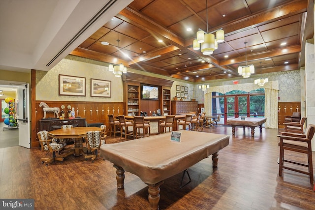 recreation room featuring billiards, wood-type flooring, beamed ceiling, and coffered ceiling