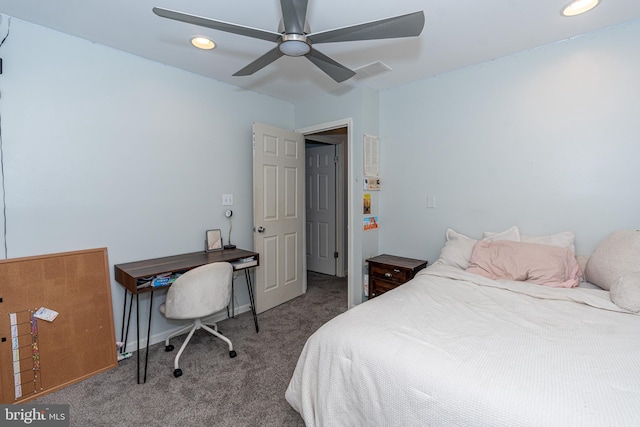 bedroom featuring ceiling fan and carpet flooring