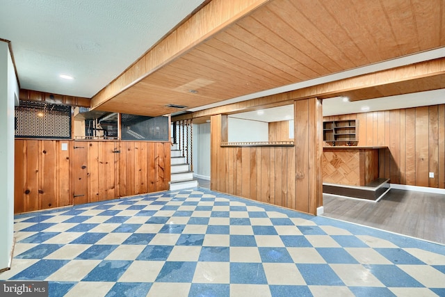 interior space featuring wood ceiling and wood walls