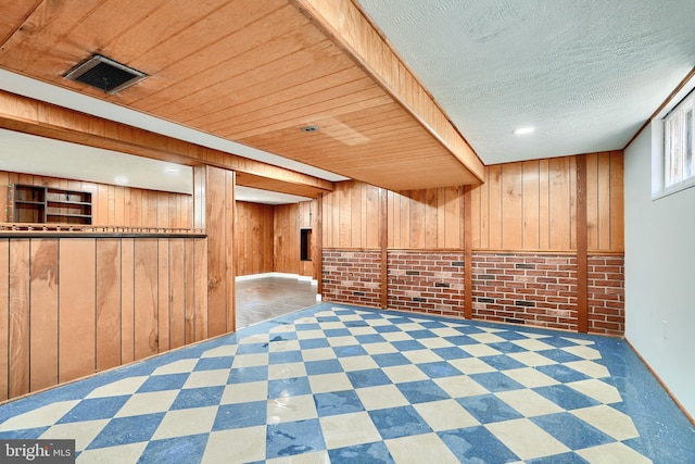 interior space featuring brick wall and wooden walls