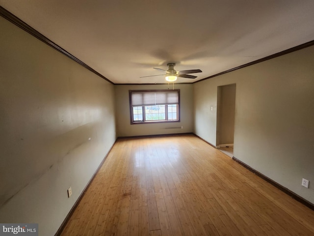 unfurnished room with ceiling fan, light hardwood / wood-style floors, and ornamental molding