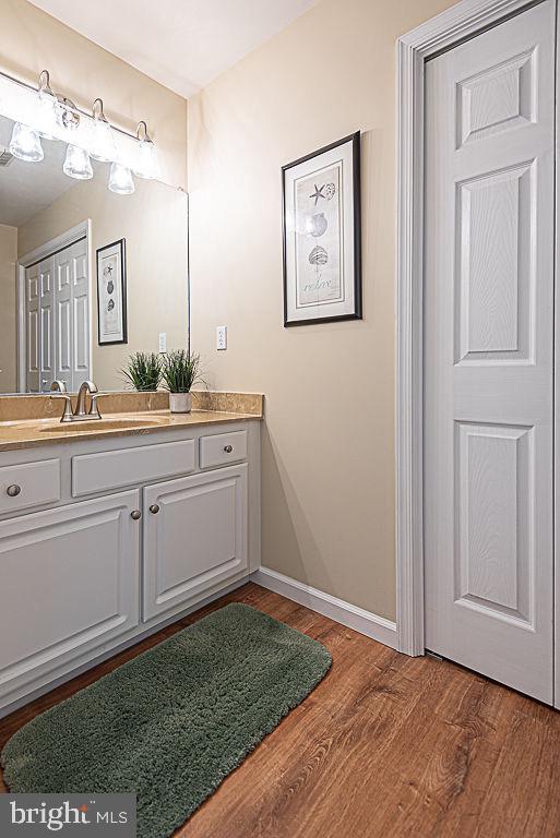 bathroom with hardwood / wood-style floors and vanity