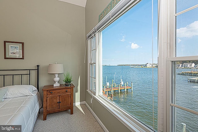 bedroom with a water view and light colored carpet