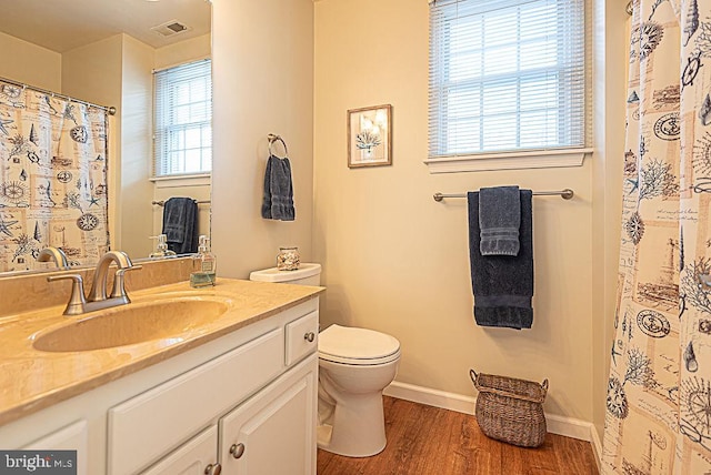 bathroom featuring plenty of natural light, wood-type flooring, toilet, and vanity