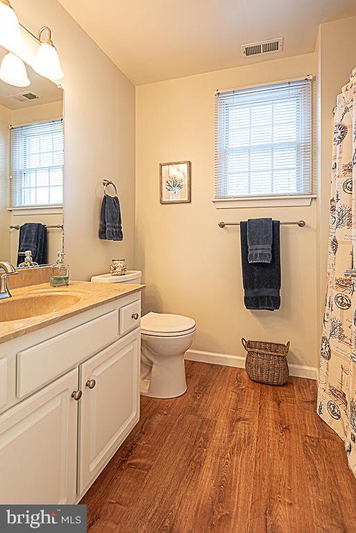 bathroom featuring vanity, toilet, hardwood / wood-style floors, and plenty of natural light