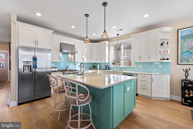 kitchen featuring stainless steel fridge with ice dispenser, white cabinetry, and wall chimney exhaust hood