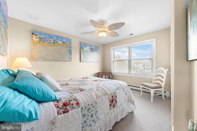 carpeted bedroom featuring baseboard heating and ceiling fan