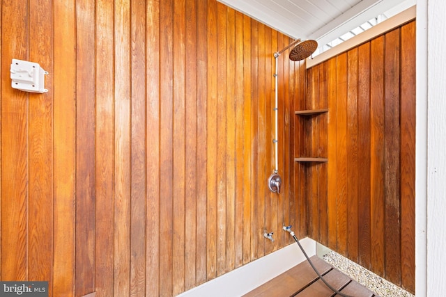 interior details featuring wooden walls