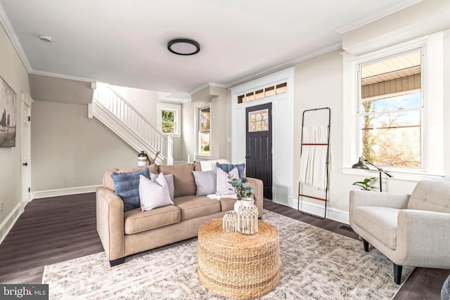 living room featuring crown molding and wood-type flooring