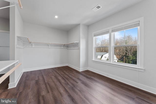 walk in closet with dark wood-type flooring