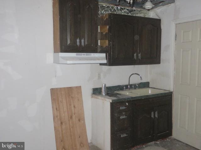 kitchen with dark brown cabinetry, sink, and ventilation hood