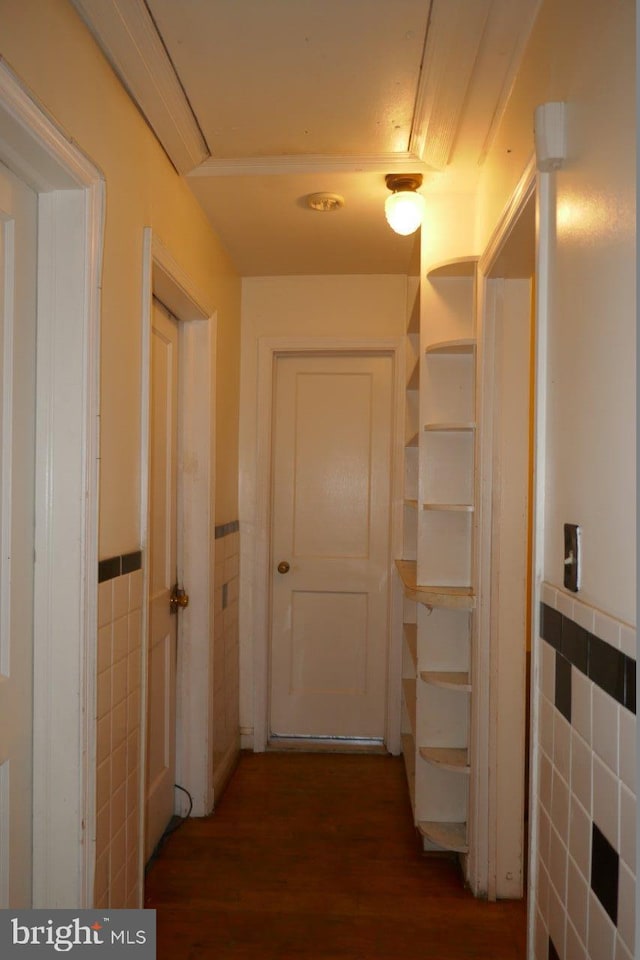 corridor with dark wood-type flooring and tile walls