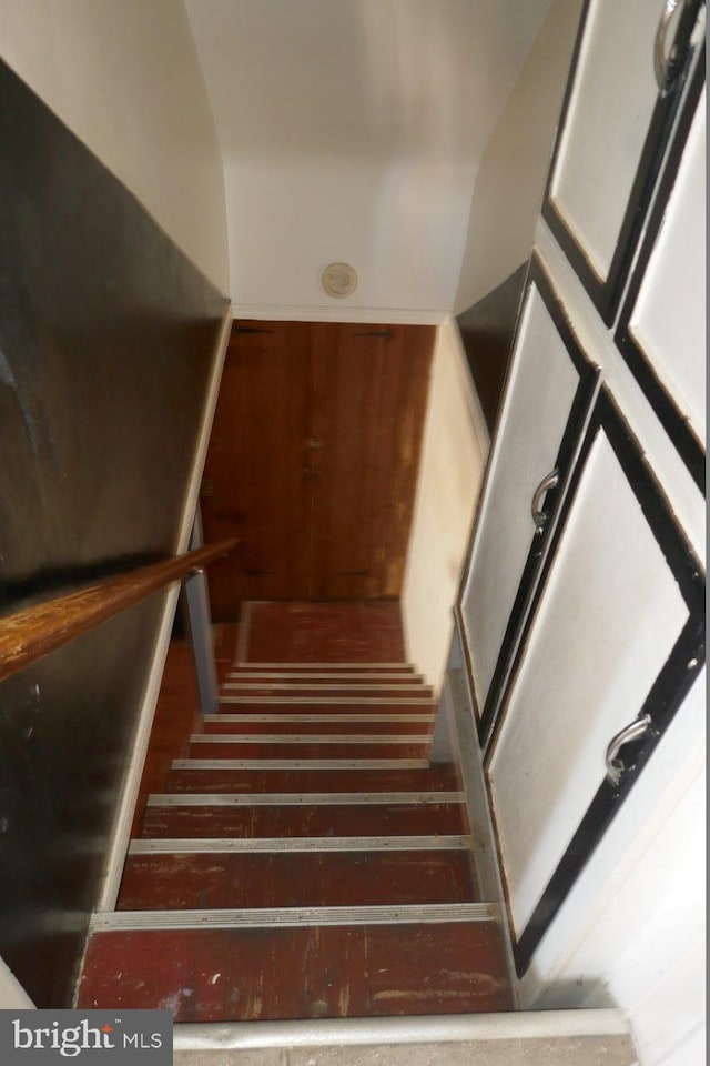 staircase featuring wood walls