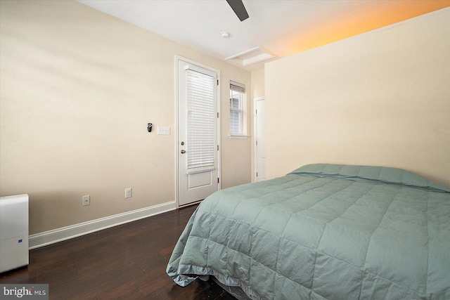 bedroom featuring ceiling fan and dark hardwood / wood-style floors