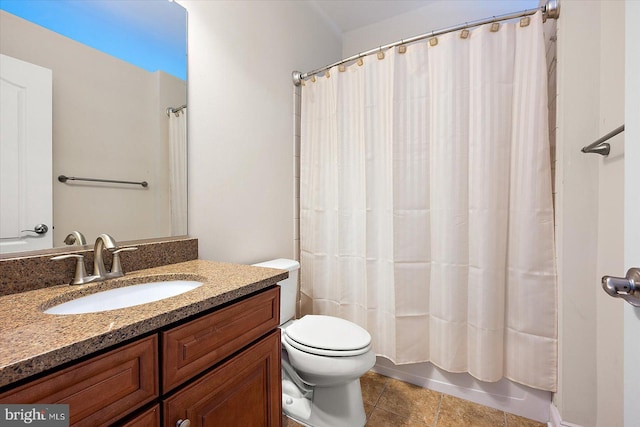 full bathroom with vanity, toilet, and shower / tub combo with curtain