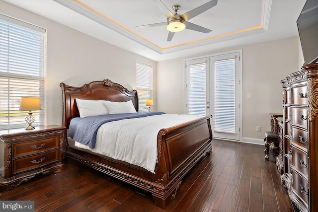 bedroom with multiple windows, dark hardwood / wood-style flooring, a raised ceiling, and ceiling fan