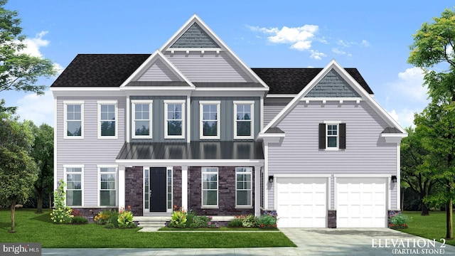 view of front of home with a garage and a front lawn