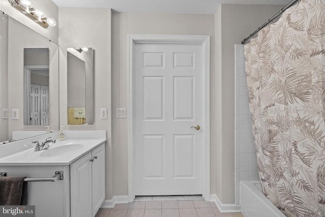 bathroom featuring vanity, tile patterned floors, and shower / bathtub combination with curtain