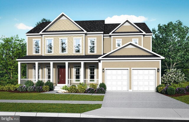 view of front of home with a porch, a garage, and a front yard