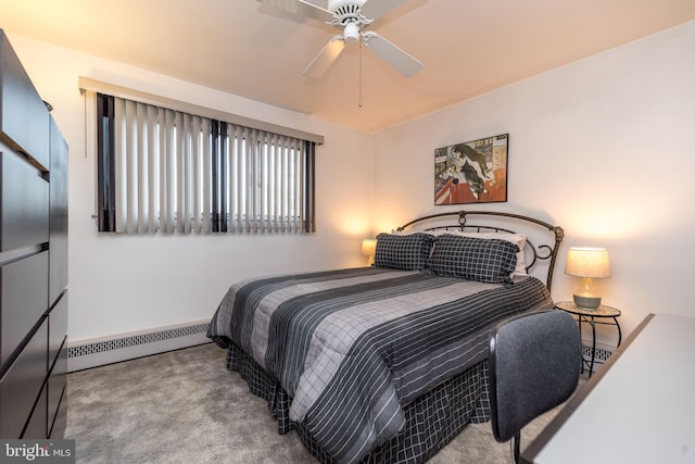 bedroom featuring ceiling fan, a baseboard radiator, and light carpet