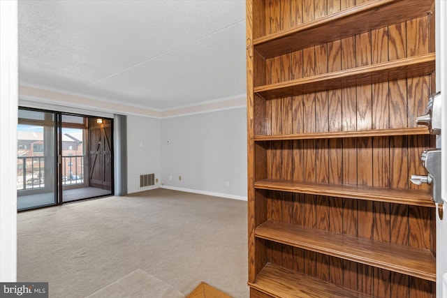 interior space featuring a textured ceiling, carpet floors, and ornamental molding